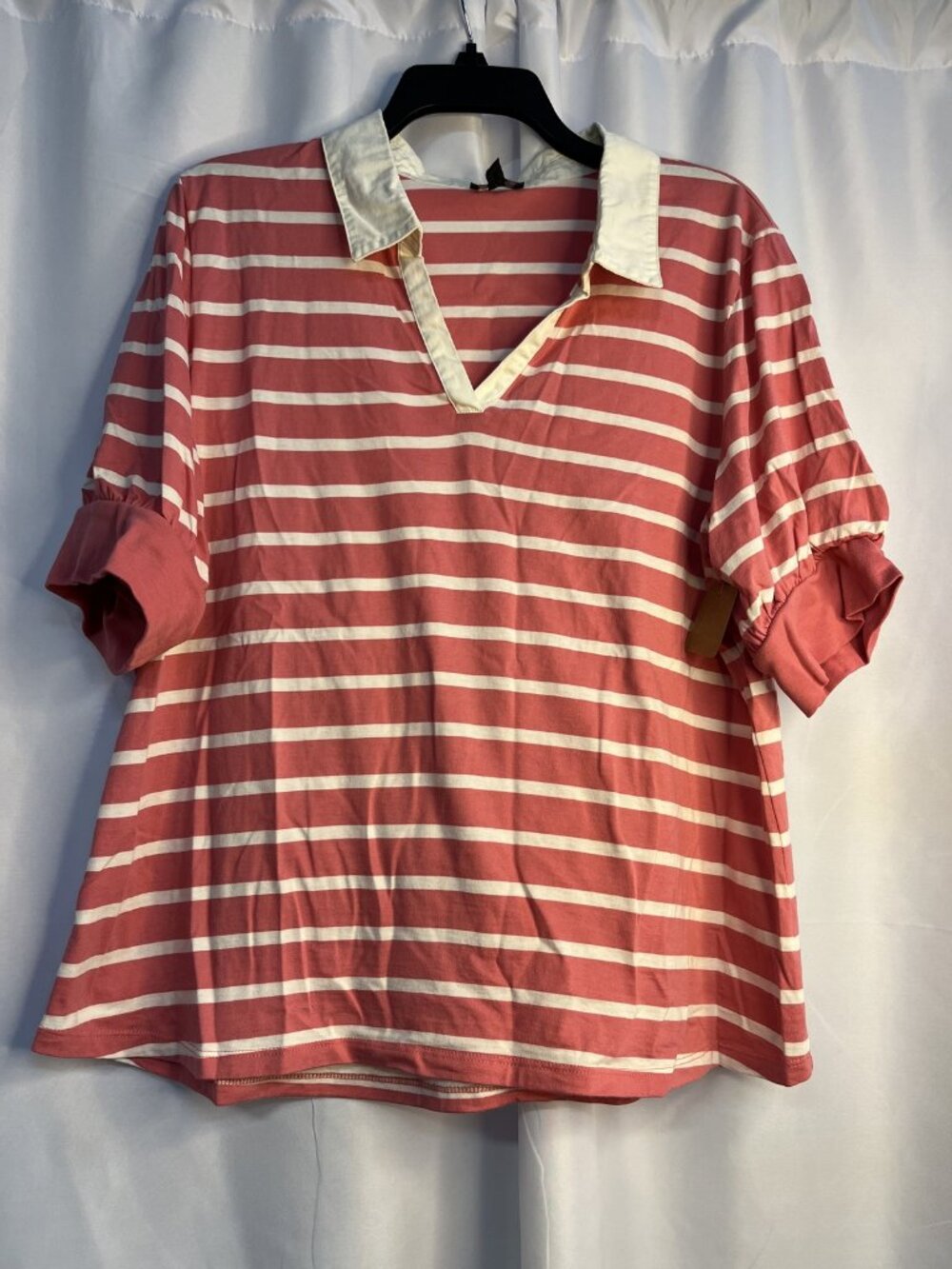 Talbots Size 1X Women's Coral and White Striped Polo Shirt with Collar and Roll-